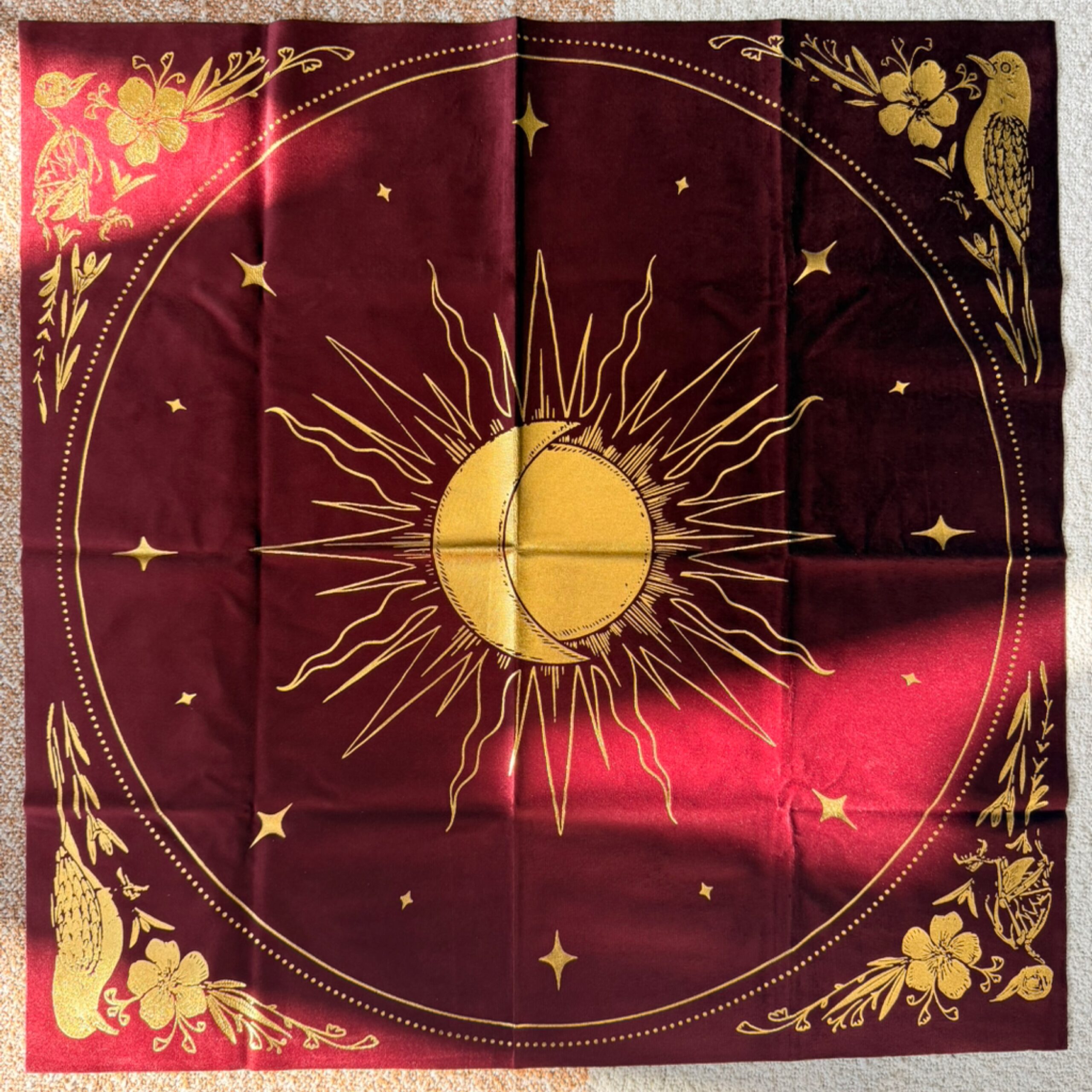 Velvet Altar Cloth - "Celestial": Ruby Red Velvet + Gold Foil